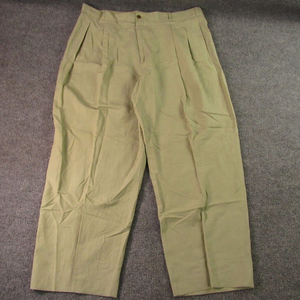 Barry Bricken Pants Mens 40x30 Green Silk Linen Pleated Dress Trousers Loose Fit